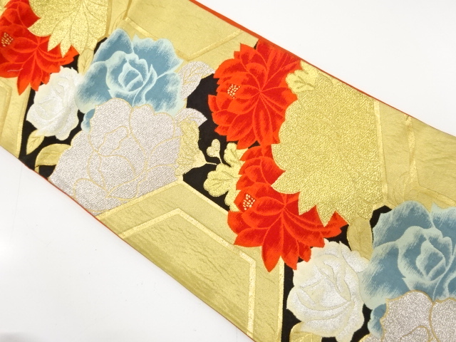 JAPANESE KIMONO / ANTIQUE FUKURO OBI / SILK / WOVEN KIKKO & PEONY & KIKU